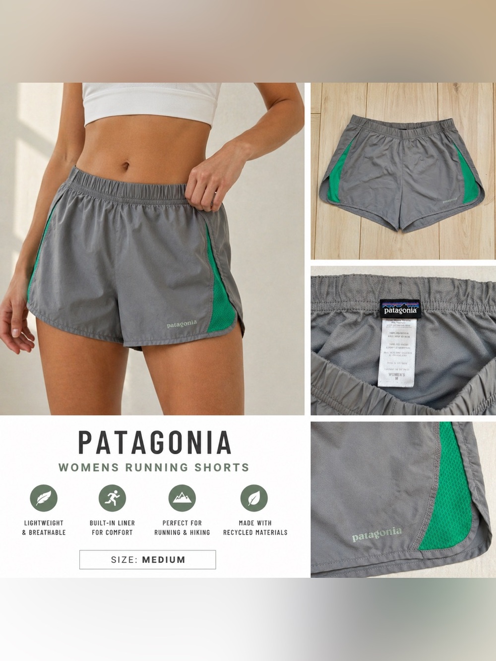 Patagonia Womens Running Shorts Gray Green Trim Size Medium Athletic Lightweight